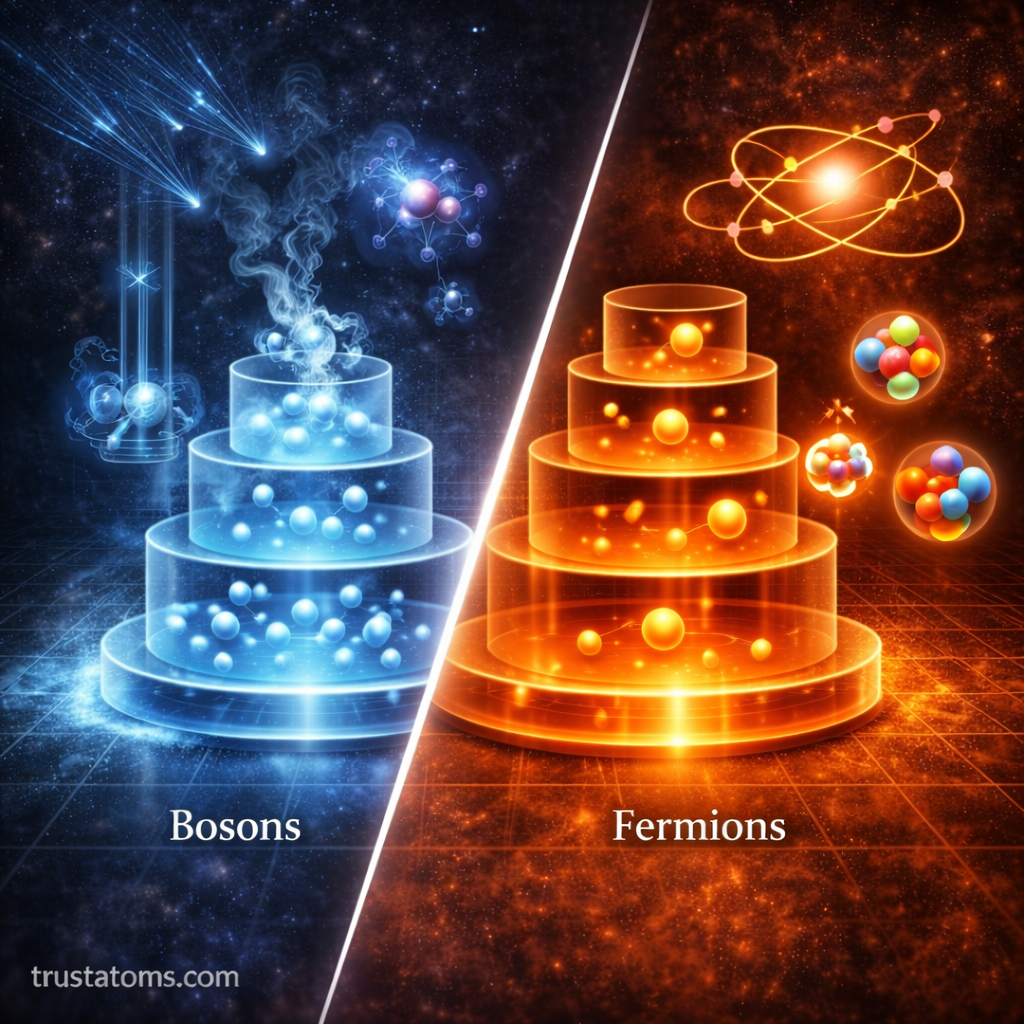 Diagonal split illustration comparing bosons clustering in the same energy state and fermions occupying separate energy levels in quantum statistics.