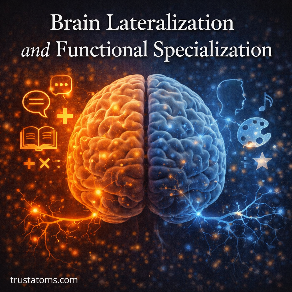 Illustration of a split human brain showing left hemisphere logical functions and right hemisphere creative functions.