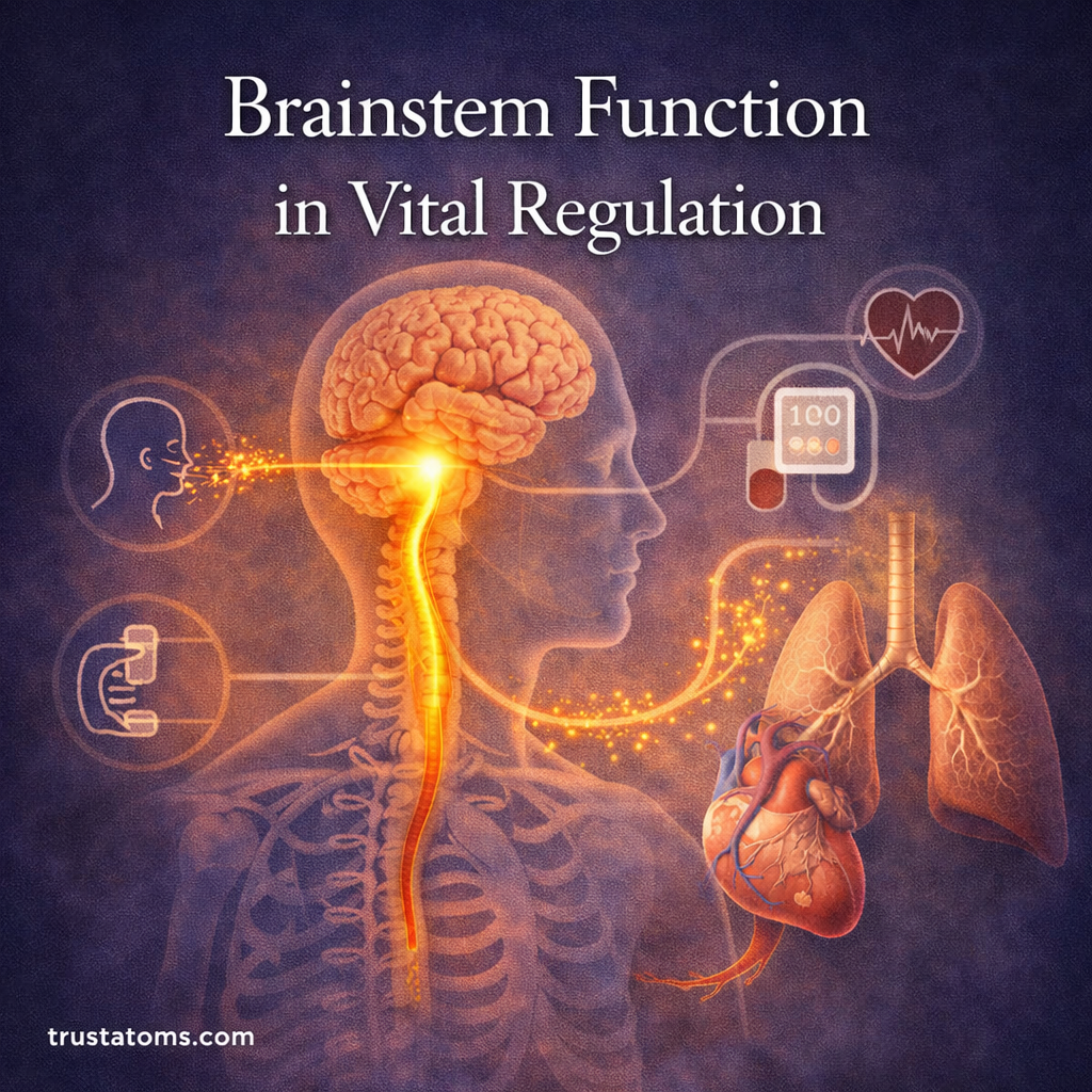 Educational illustration highlighting the brainstem regulating vital functions such as breathing, heart rate, and blood pressure while connecting the brain to the spinal cord.