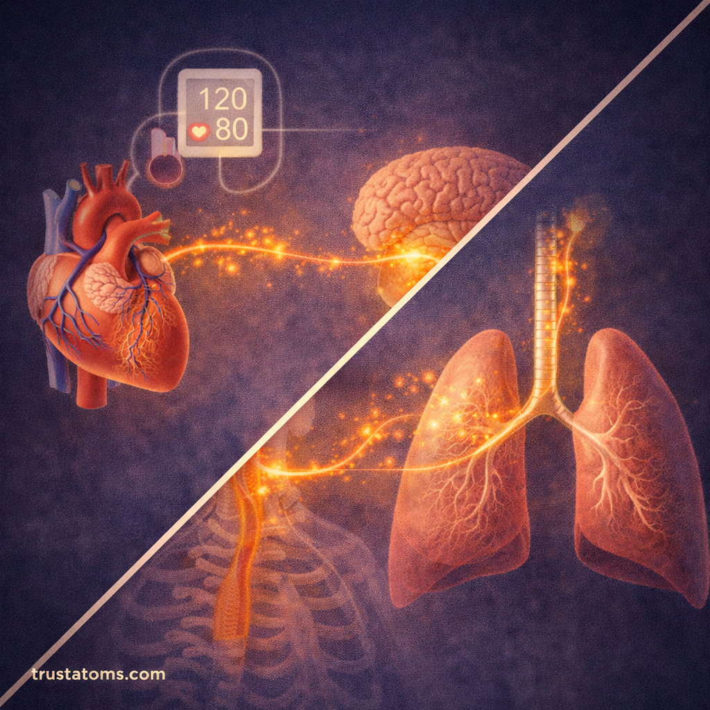 Split medical illustration showing the brainstem regulating heart rate and breathing by sending signals to the heart and lungs.