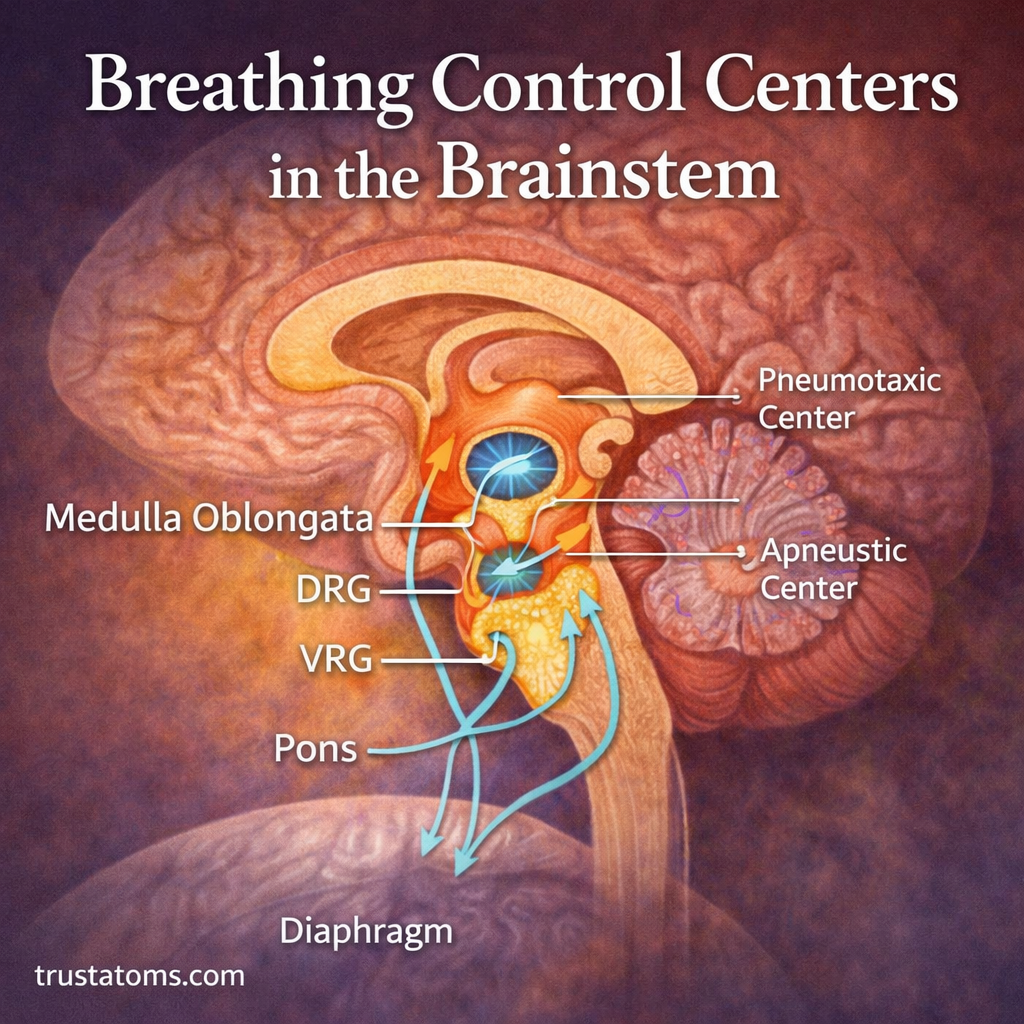 Illustration of the brainstem showing the medulla oblongata and pons controlling breathing and sending signals to the diaphragm.