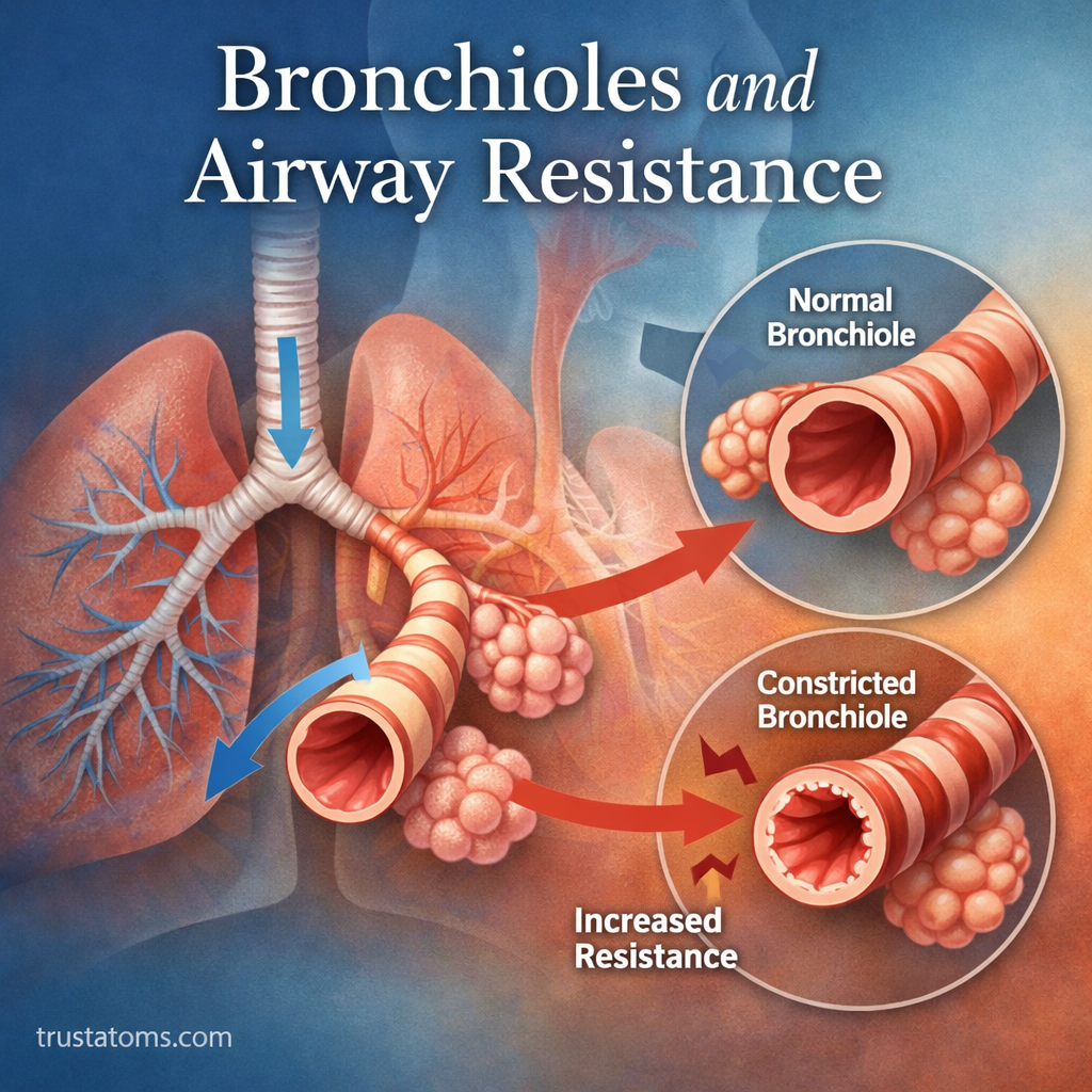 Illustration showing bronchioles and airway resistance with normal and constricted airways in the lungs.
