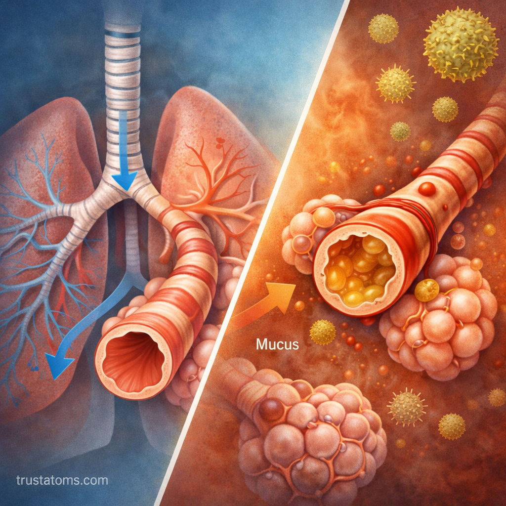 Split diagram showing healthy bronchioles versus inflamed bronchioles with mucus buildup affecting airflow in the lungs.