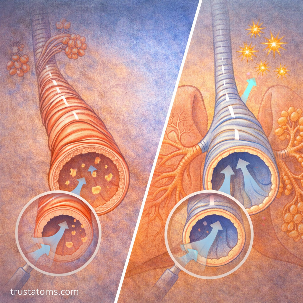 Split diagram showing narrowed bronchial airway with restricted airflow and widened airway with improved airflow.
