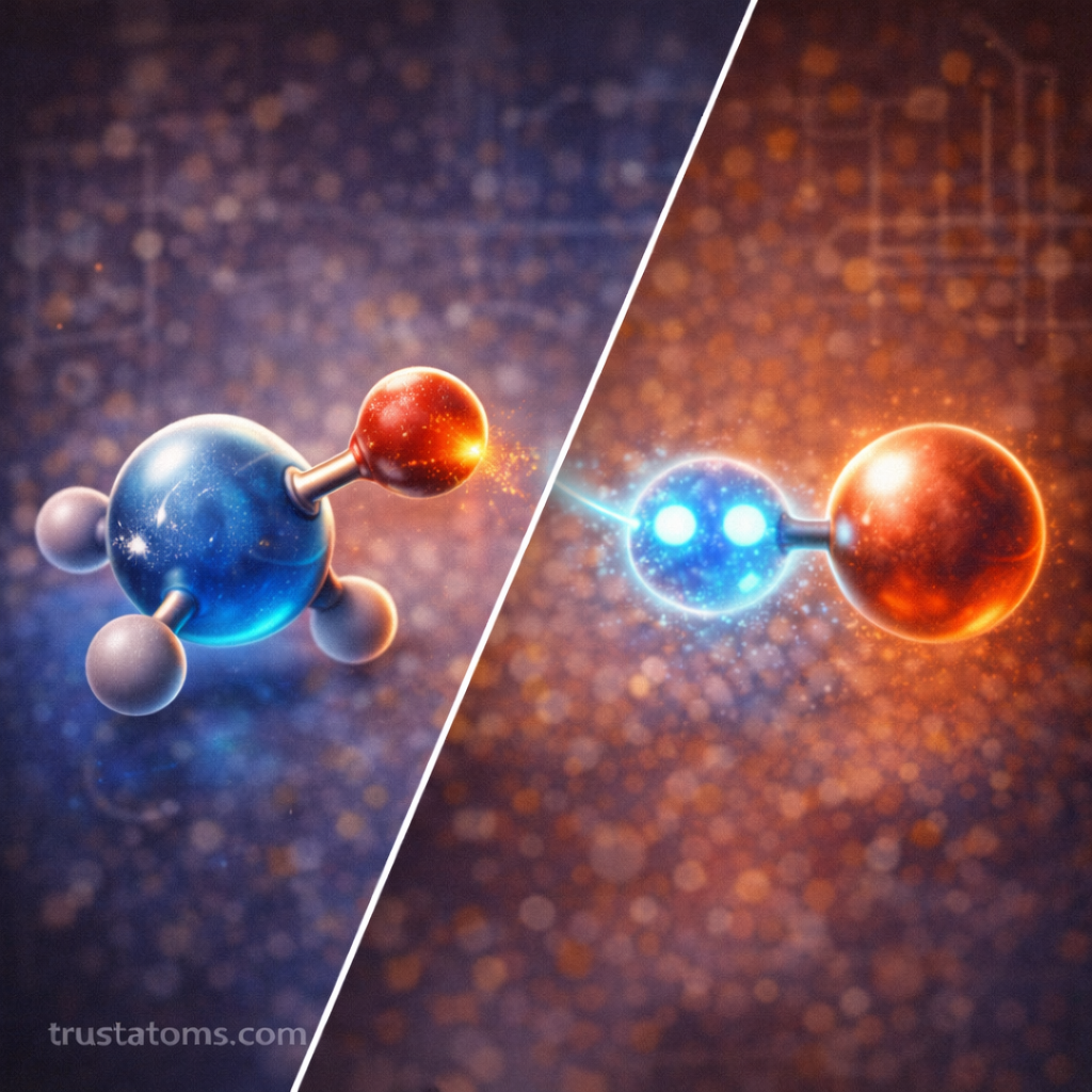 Split illustration showing a Brønsted–Lowry proton transfer reaction and a Lewis acid–base electron pair interaction between molecules.