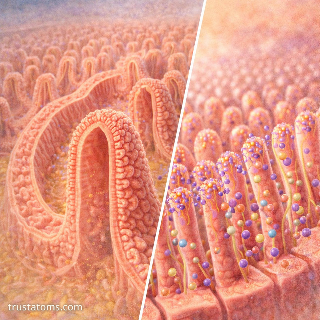 Split diagram showing intestinal villi on one side and microvilli brush border absorbing nutrients on the other.