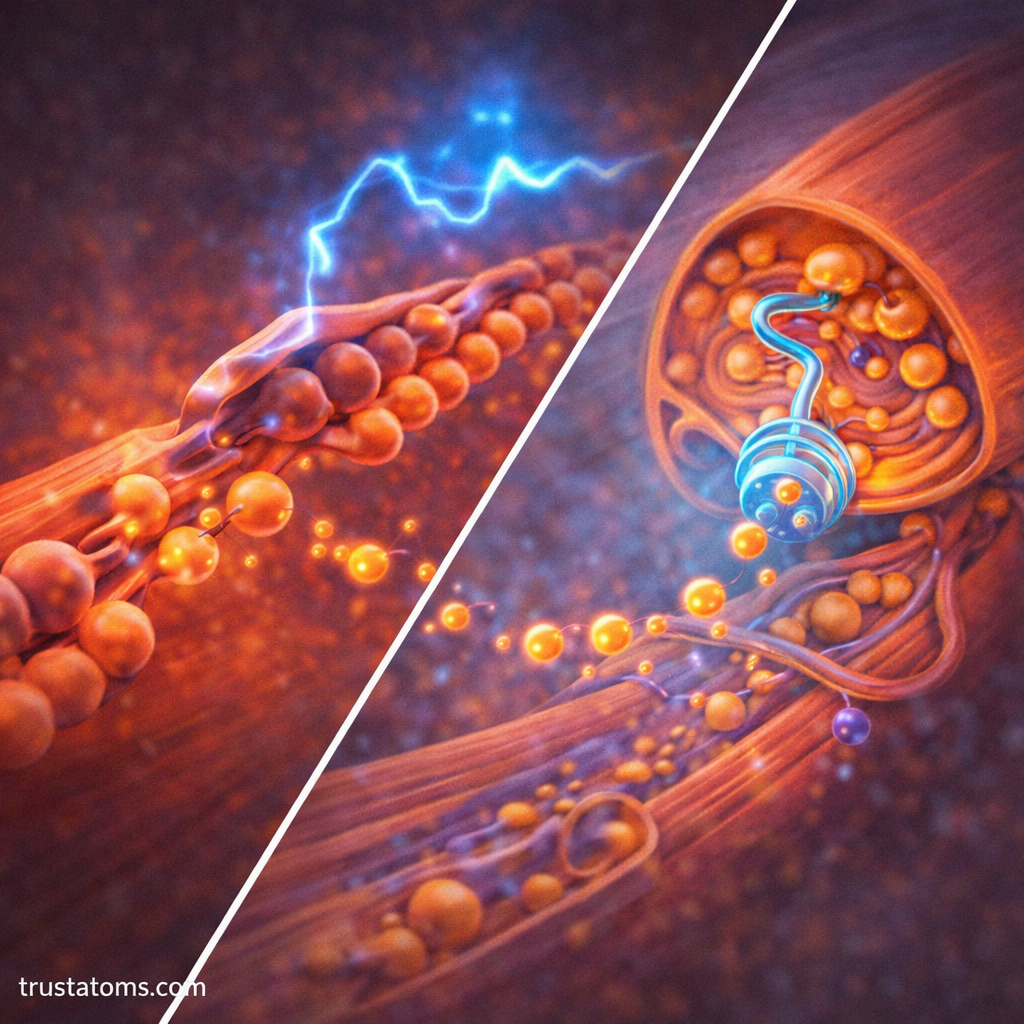 Split illustration showing calcium release during muscle contraction and calcium reuptake during muscle relaxation.