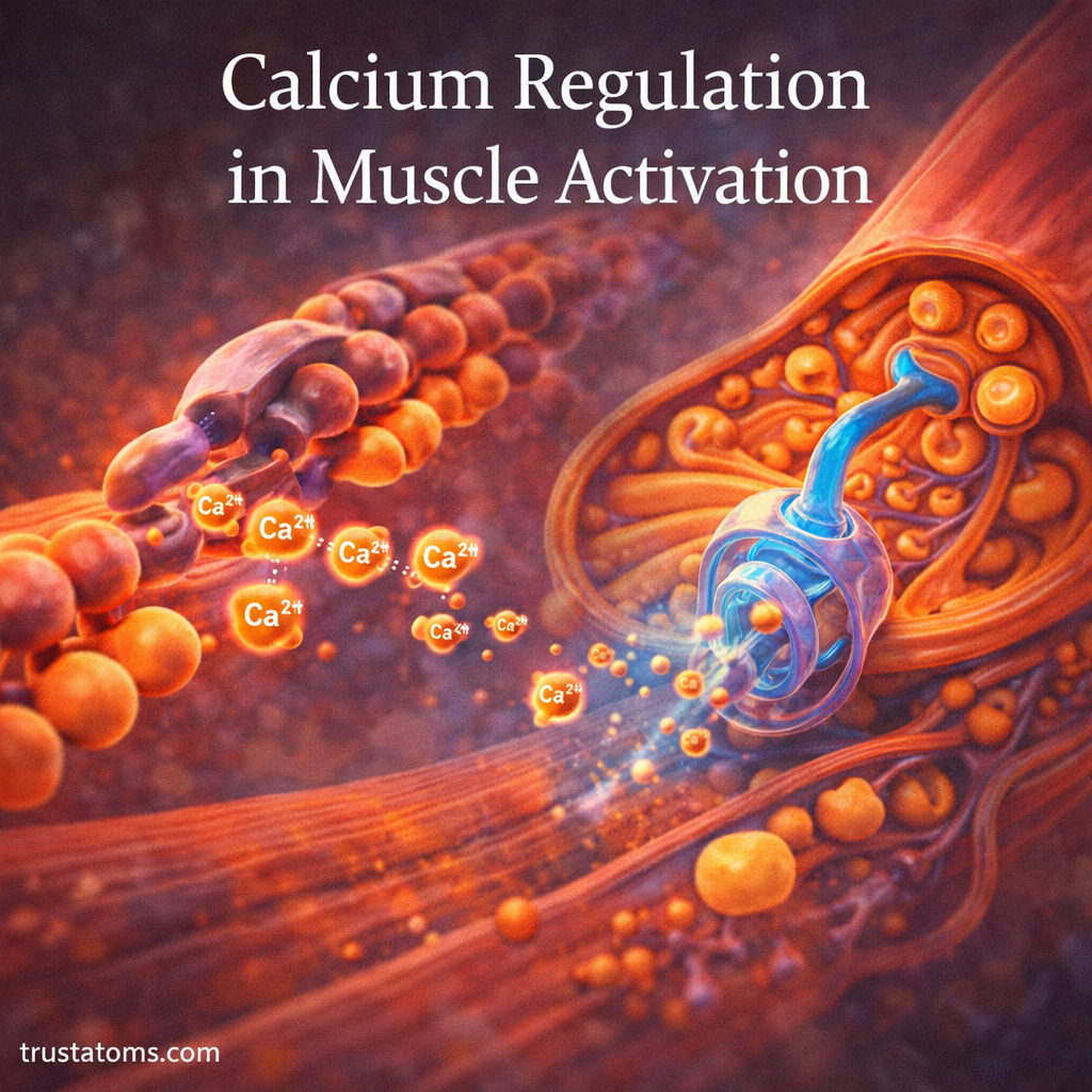 Illustration of calcium regulation in muscle activation showing calcium ions released from the sarcoplasmic reticulum and interaction with muscle fibers.