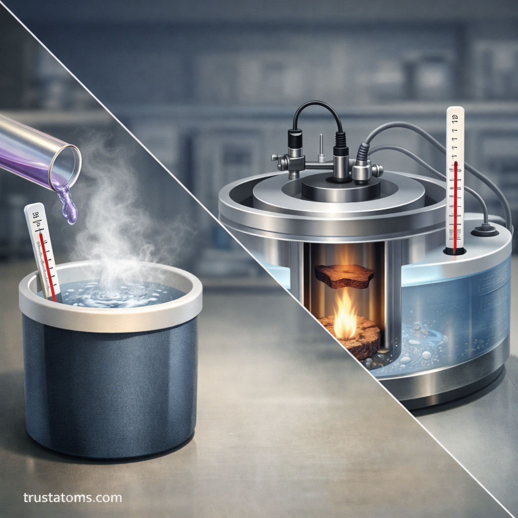 Illustration comparing two calorimetry setups with a coffee cup calorimeter and a bomb calorimeter used to measure heat transfer during chemical reactions and combustion.