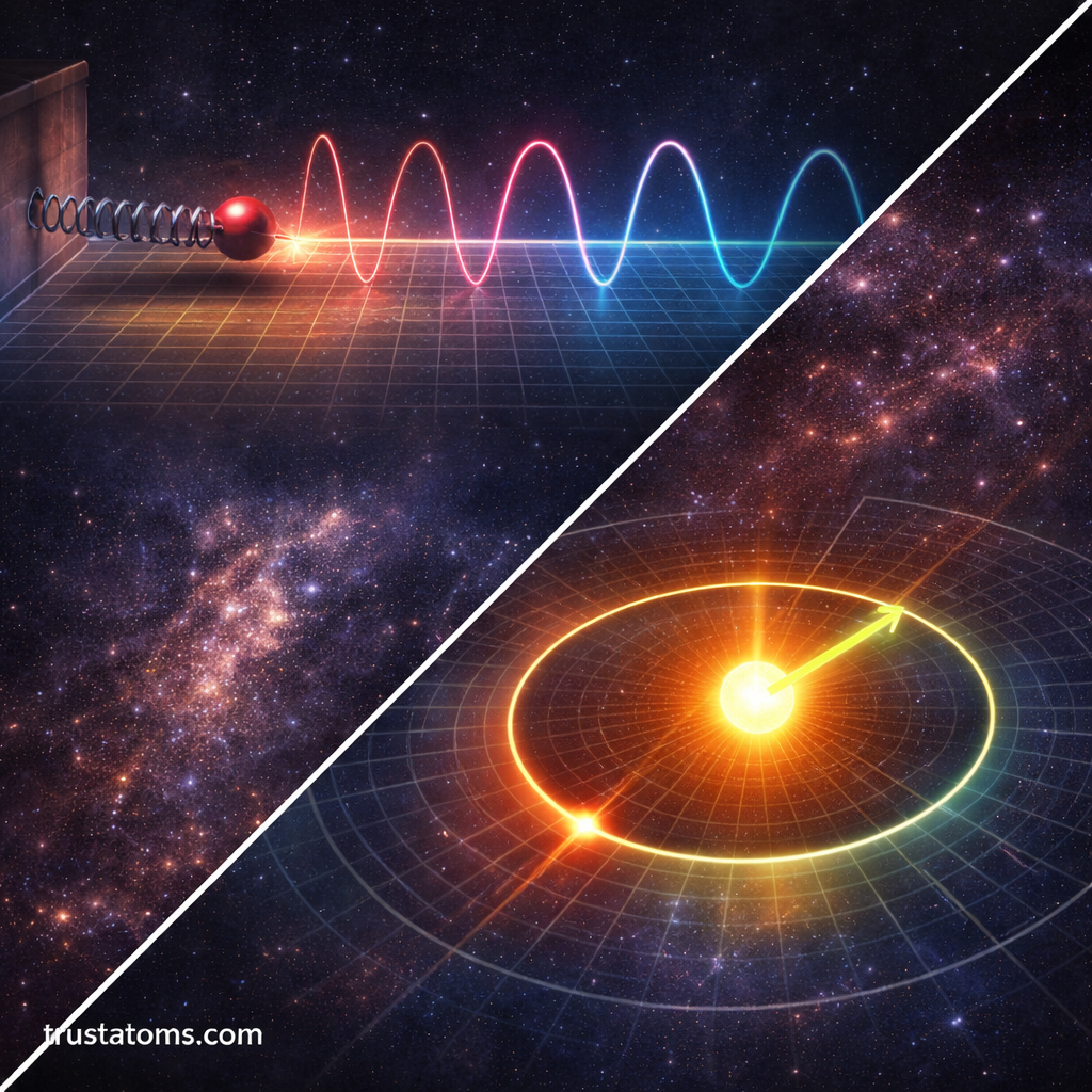 Diagonal split illustration showing a harmonic oscillator transitioning into circular action-angle motion in phase space, representing canonical transformations, with trustatoms.com watermark.