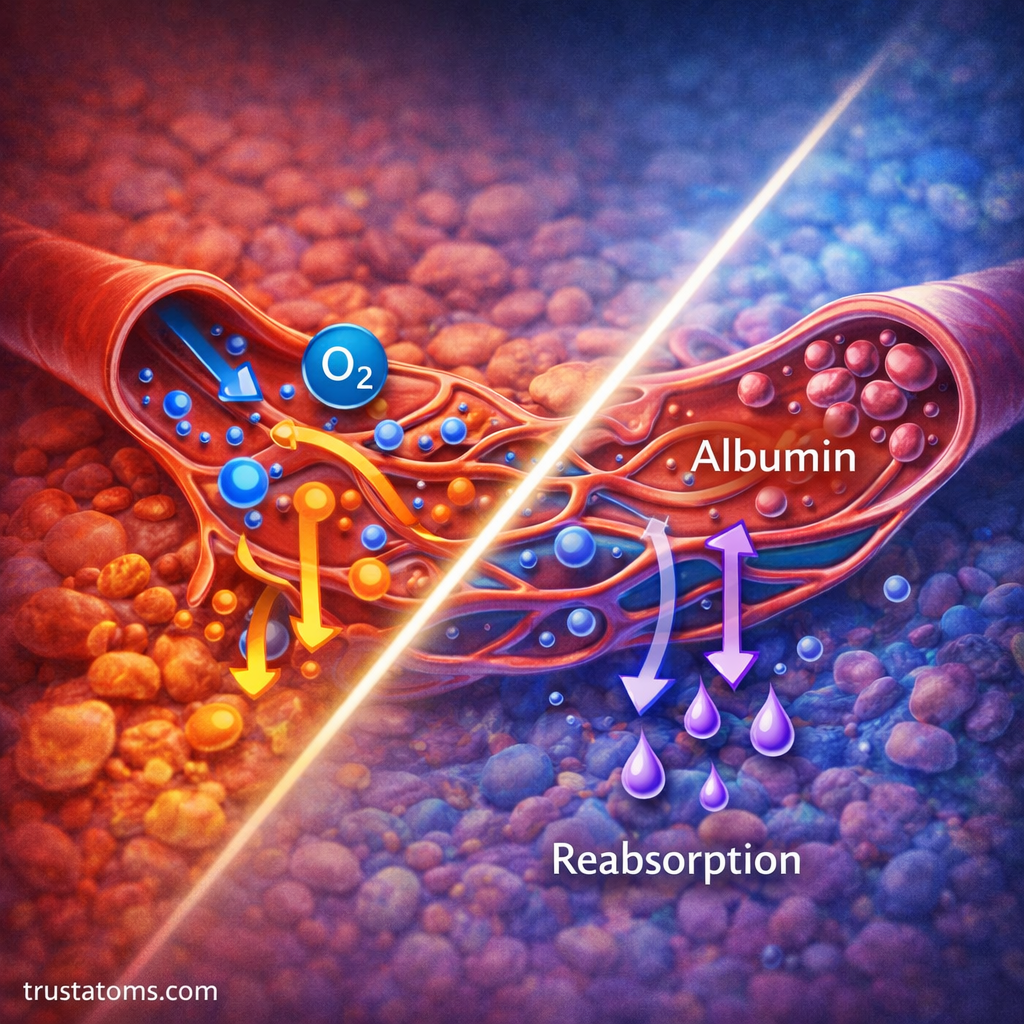 Split diagram showing filtration pushing fluid out of capillaries and reabsorption pulling fluid back in during capillary exchange.
