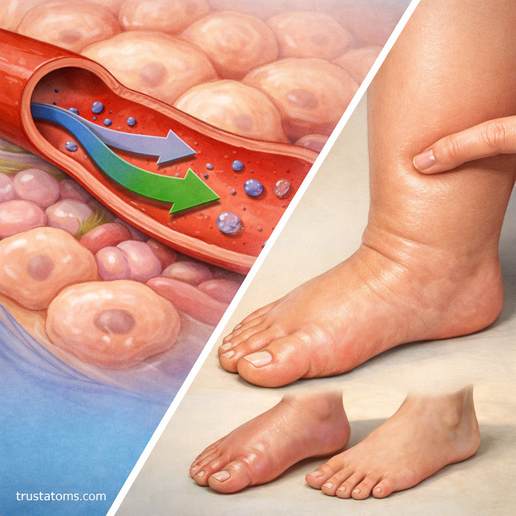 Split diagram showing fluid movement in capillaries compared to pitting edema with swollen foot and fluid accumulation.