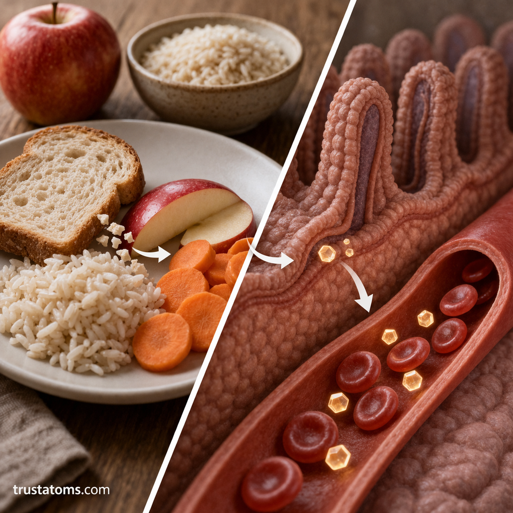 Split illustration showing carbohydrate-rich foods being digested and glucose being absorbed through intestinal villi into the bloodstream.