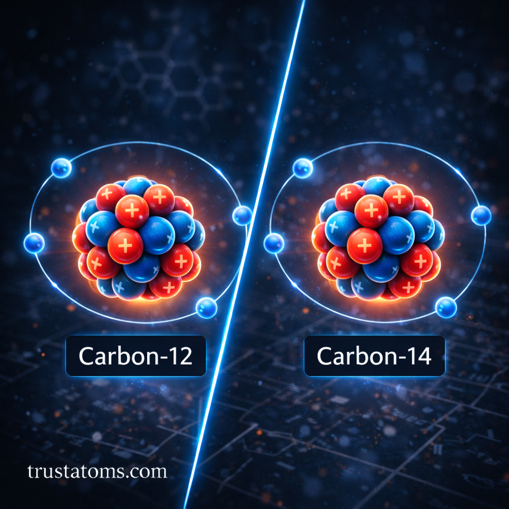 Split illustration comparing Carbon-12 and Carbon-14 isotopes to show how different neutron numbers change mass number.
