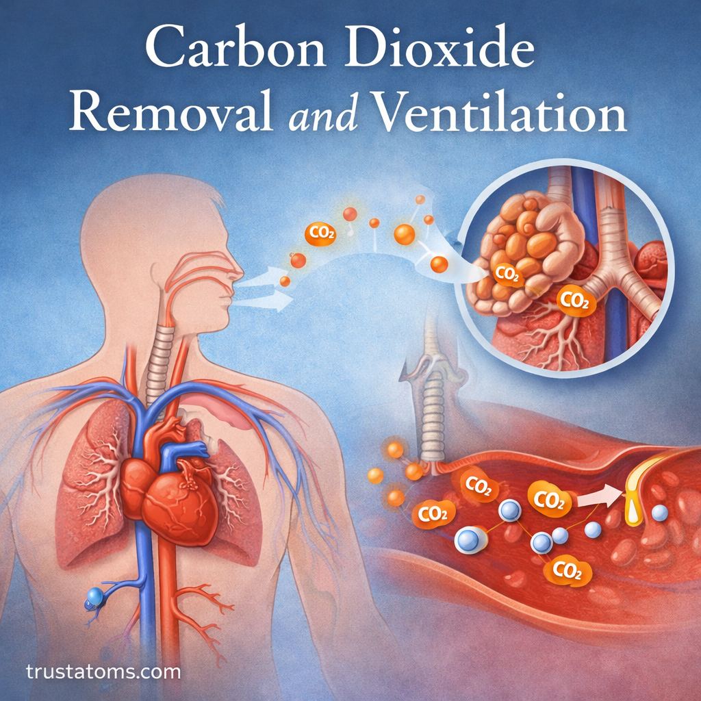 Illustration showing carbon dioxide traveling from body tissues to the lungs and being exhaled during ventilation.