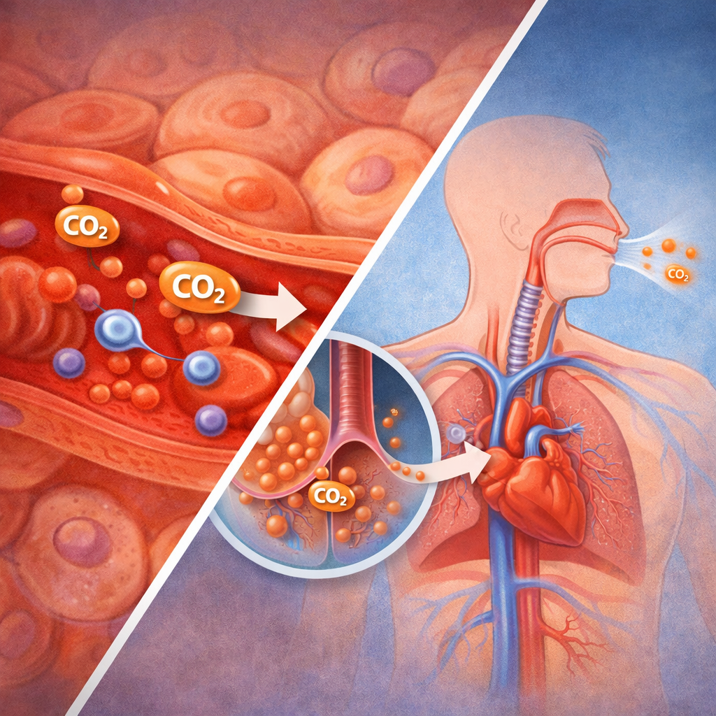 Split diagram showing carbon dioxide moving from body tissues into the bloodstream and being exhaled through the lungs.