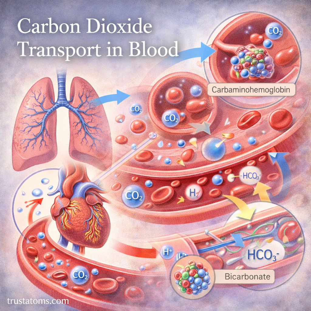 Illustration showing carbon dioxide transport in blood including dissolved CO2, carbaminohemoglobin, and bicarbonate (HCO3-) formation.