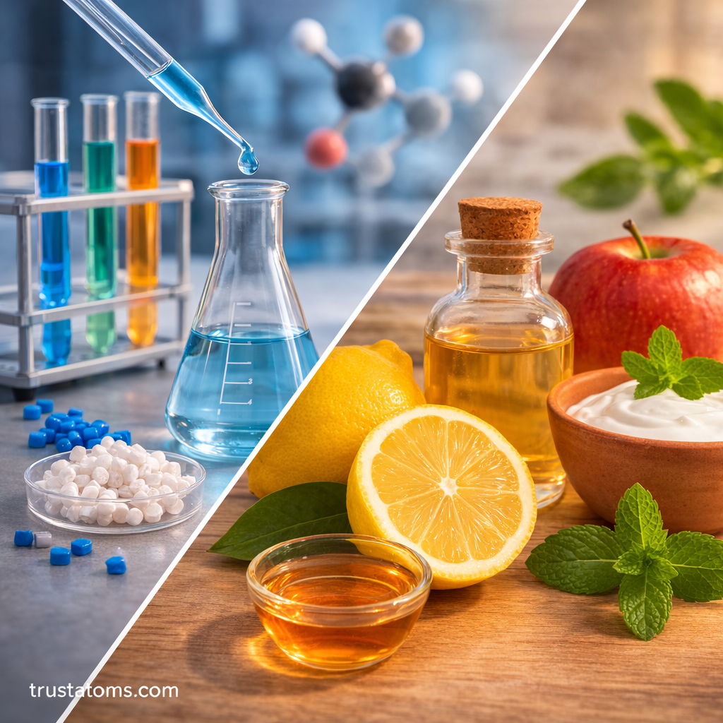Split educational illustration showing natural foods like lemon, avocado, and yogurt on one side and laboratory beakers, soap, and chemical pellets on the other representing natural and industrial roles of carboxylic acids.