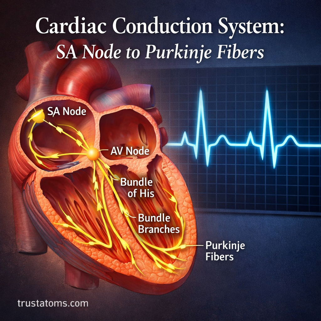 Illustration of the cardiac conduction system showing SA node, AV node, bundle of His, bundle branches, and Purkinje fibers with electrical pathways.