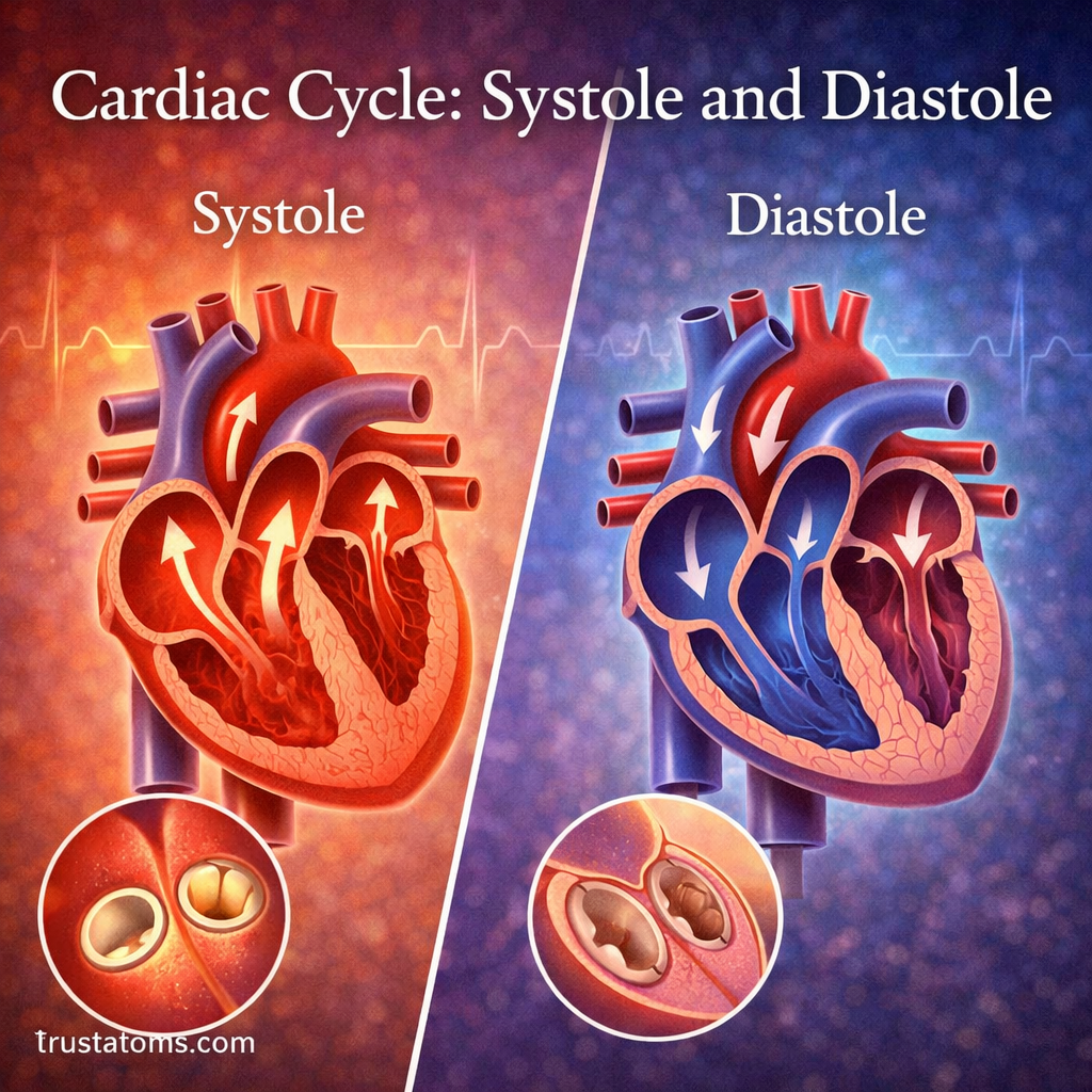 Illustration showing the cardiac cycle with systole and diastole phases, including heart contraction and relaxation with blood flow direction.