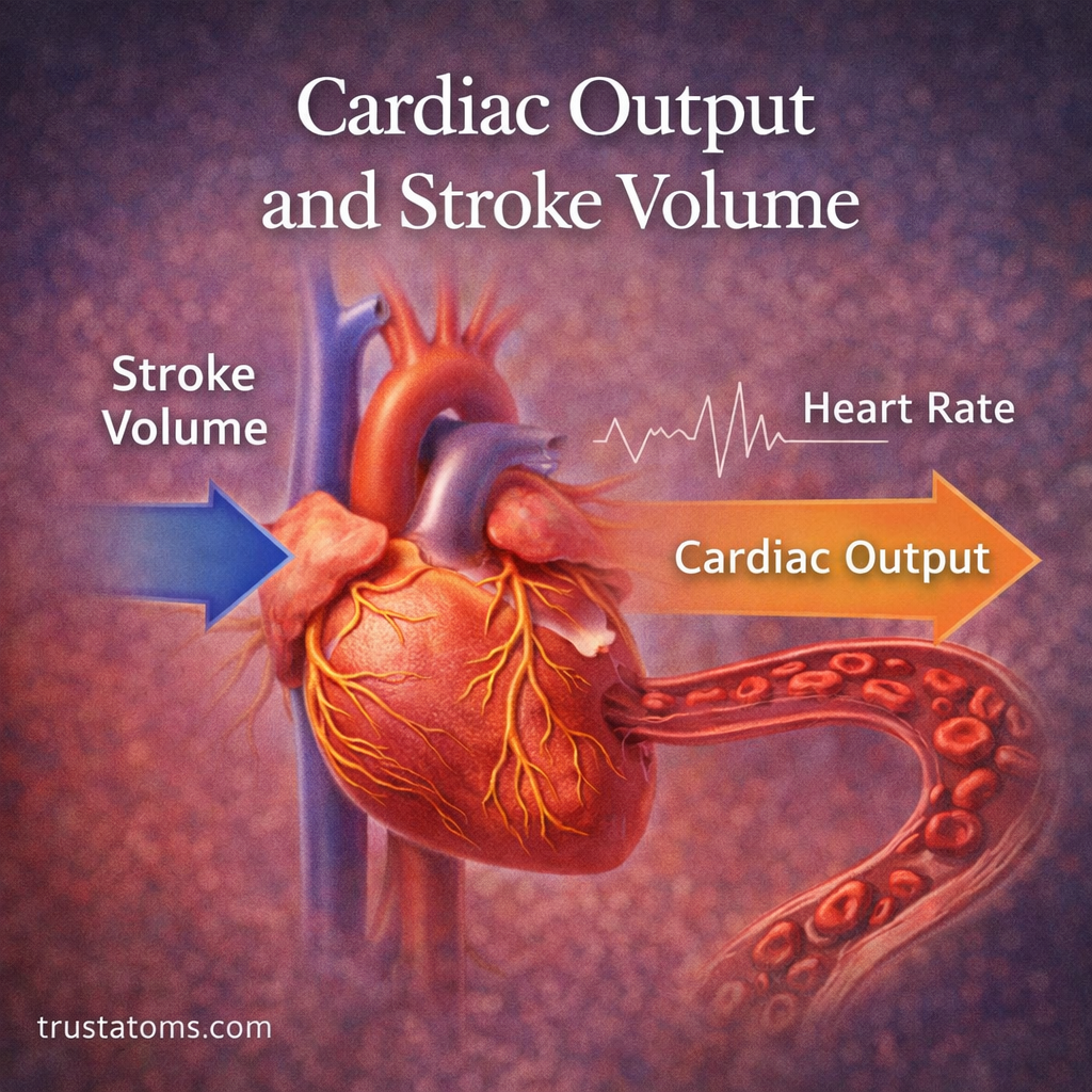 Diagram showing cardiac output and stroke volume with blood flow from the heart.