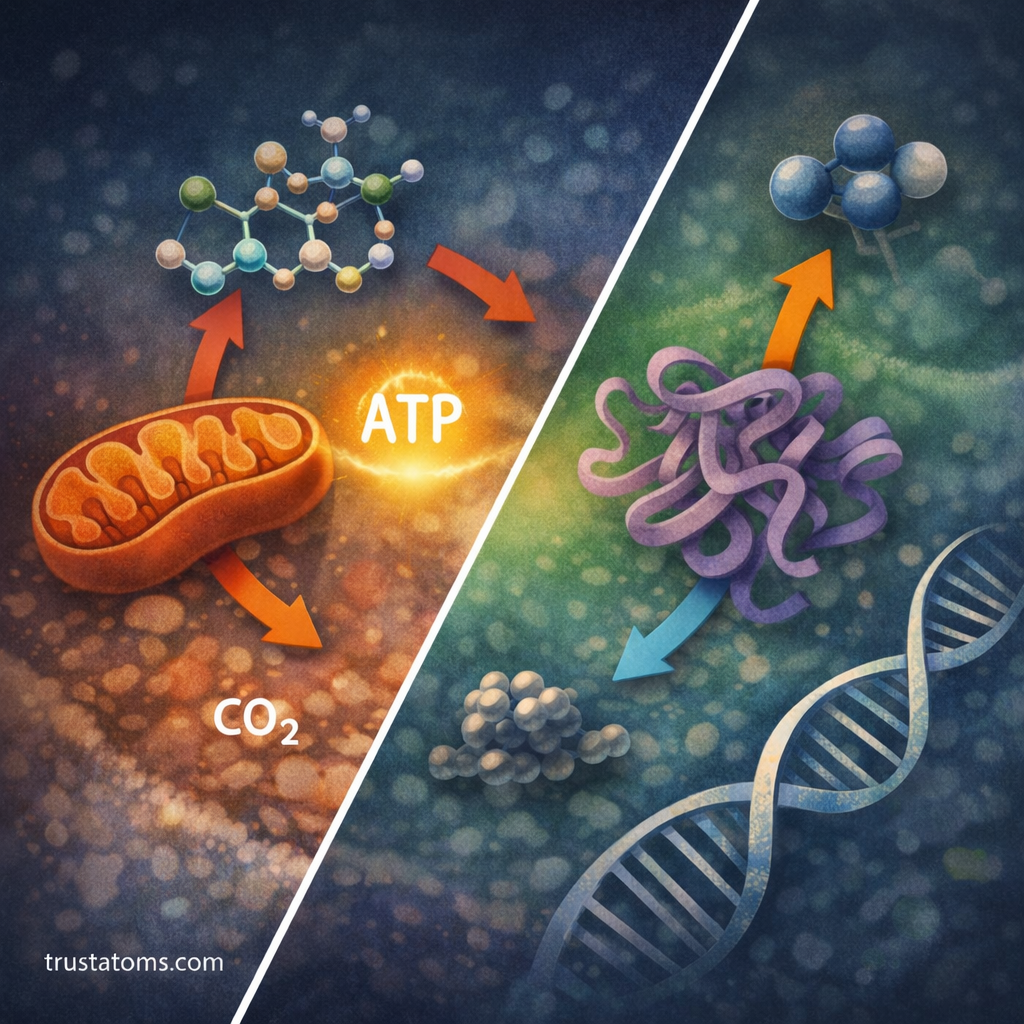 Split illustration showing catabolic and anabolic metabolic pathways, with molecules breaking down to produce ATP energy and building larger biomolecules inside cells.