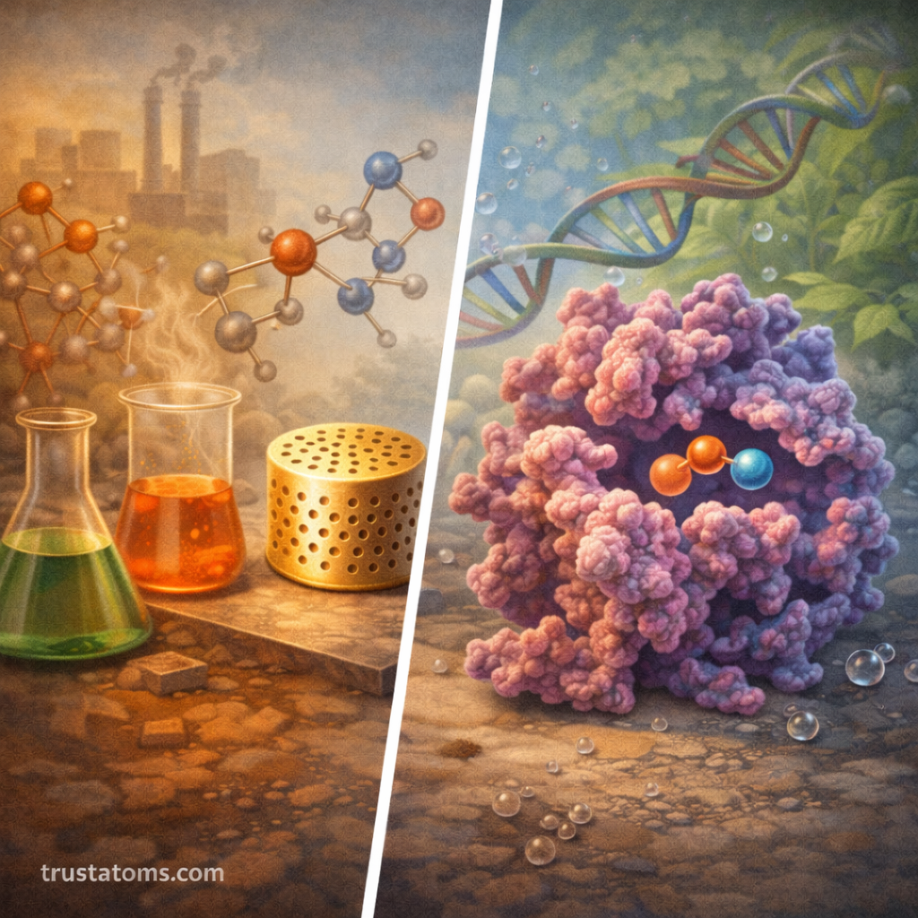 Split illustration comparing industrial chemical catalysts and biological enzyme catalysts involved in chemical reactions.