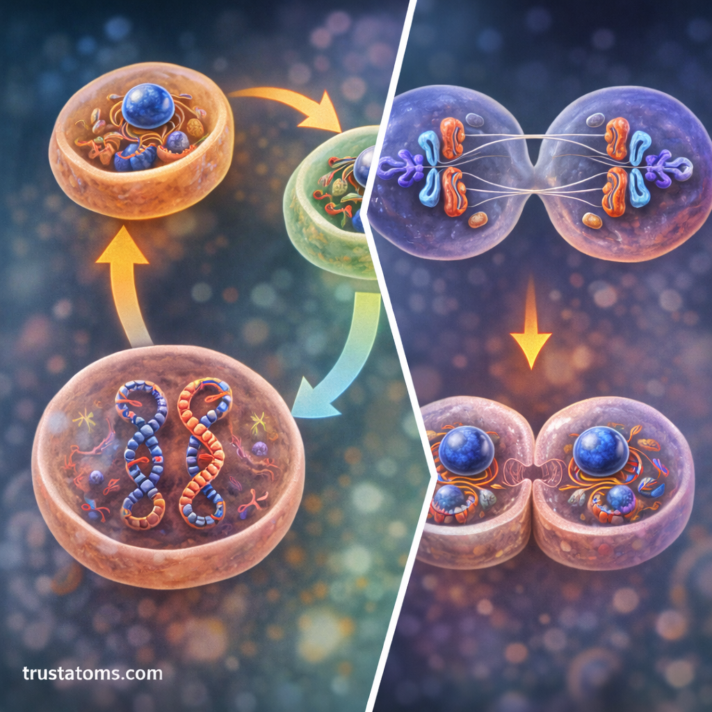 Split illustration showing DNA replication during interphase on one side and cell division forming two daughter cells on the other.