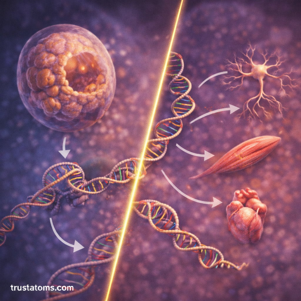 Diagonal split illustration showing gene regulatory networks guiding cell differentiation from a stem cell into specialized cells such as neurons and muscle cells.