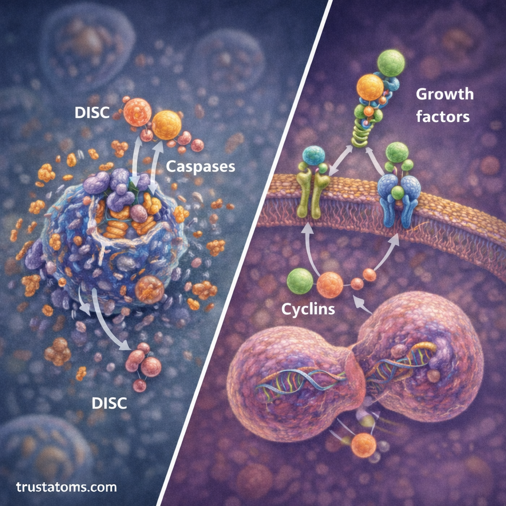 Split biology diagram showing one cell undergoing programmed cell death and another undergoing cell division, illustrating contrasting cellular decision-making outcomes.