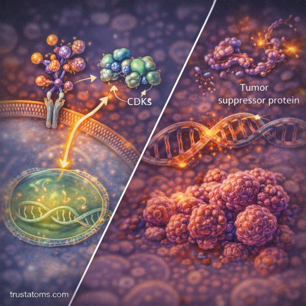 Split illustration comparing regulated cell growth signaling with uncontrolled cell proliferation and tumor formation.