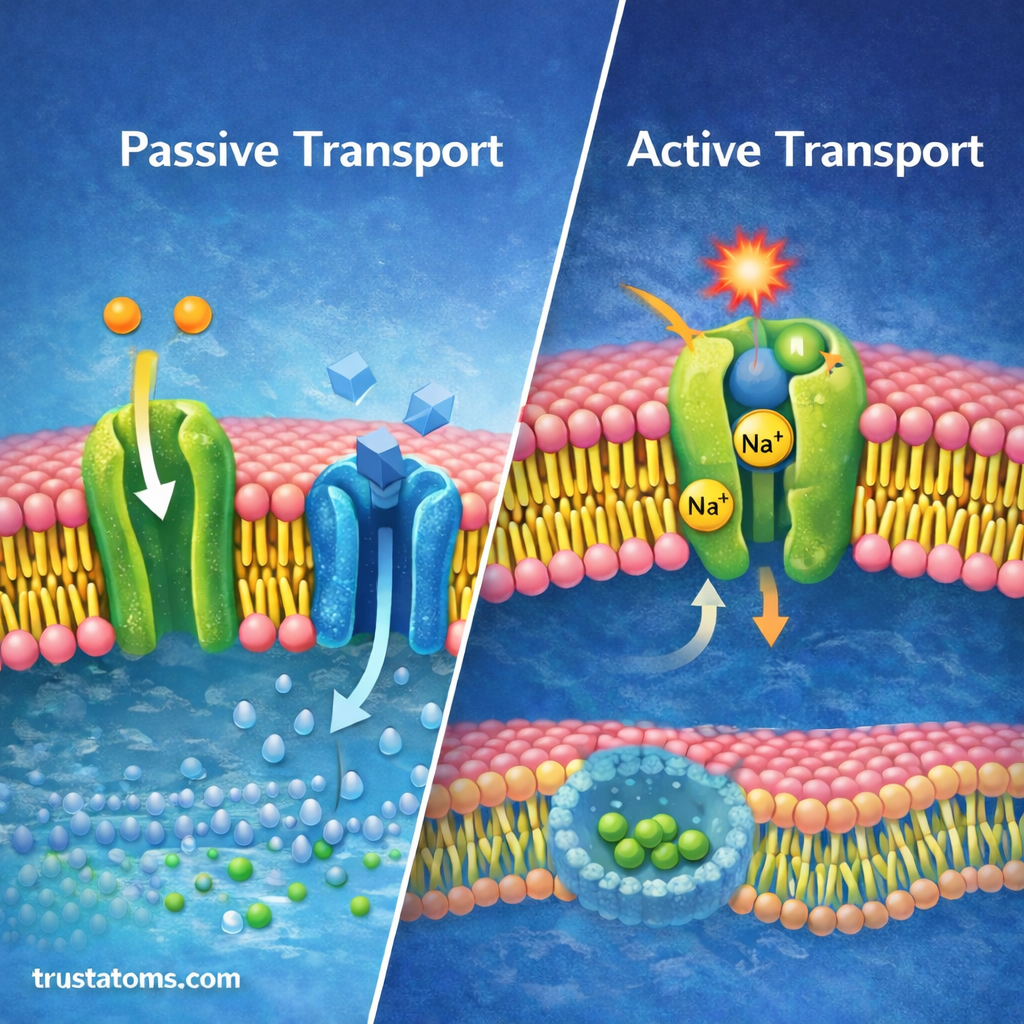 Illustration comparing passive transport and active transport across a cell membrane using channel proteins and membrane pumps.
