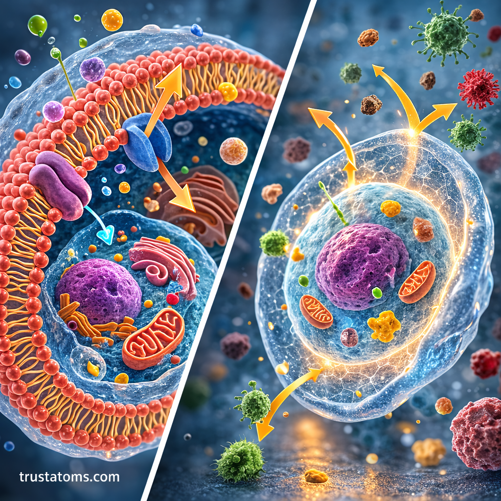 Split illustration showing molecules moving through a cell membrane and water transport in plant cells.