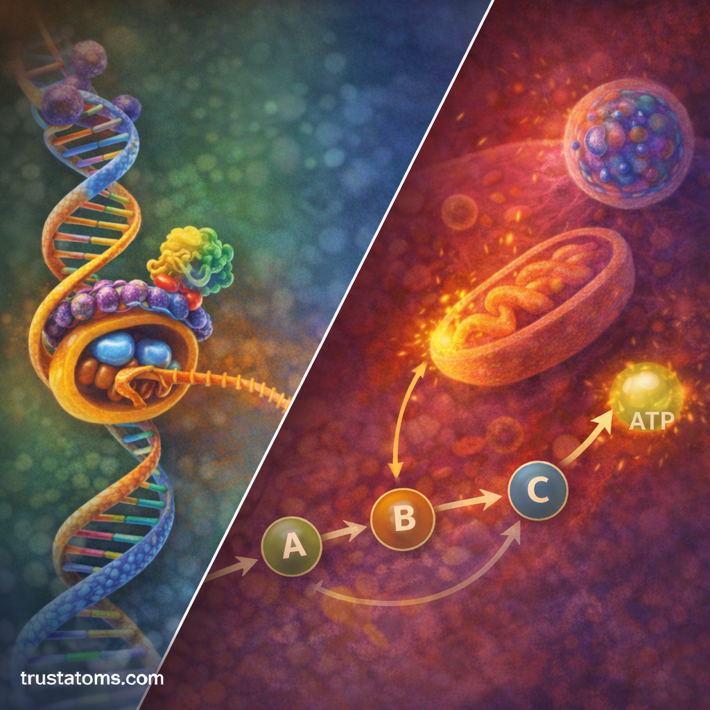 Split biology illustration showing DNA transcription processes on one side and mitochondrial energy production within a metabolic pathway on the other.
