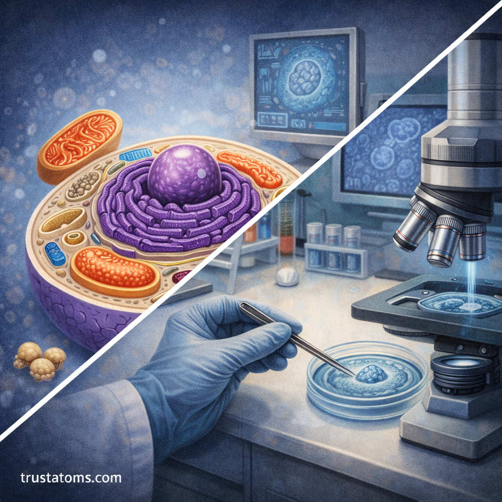Split illustration showing a cell with organelles on one side and a microscope analyzing cells in a laboratory on the other.