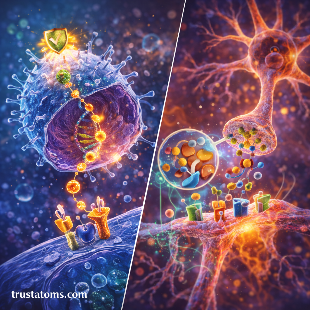 Split diagram illustration showing cellular signal pathways in an immune cell on one side and neuron synaptic communication on the other.