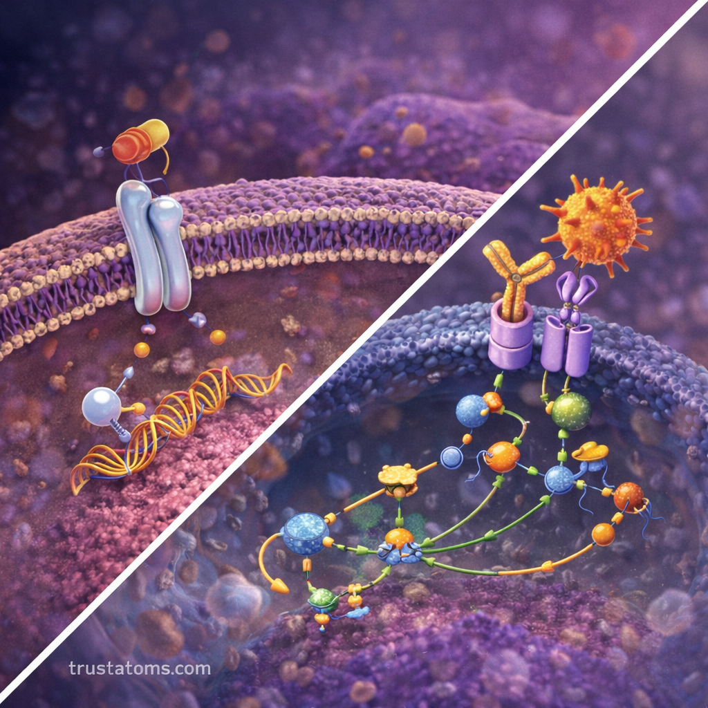 Split illustration showing intracellular steroid hormone signaling and immune receptor signaling pathways inside biological cells.