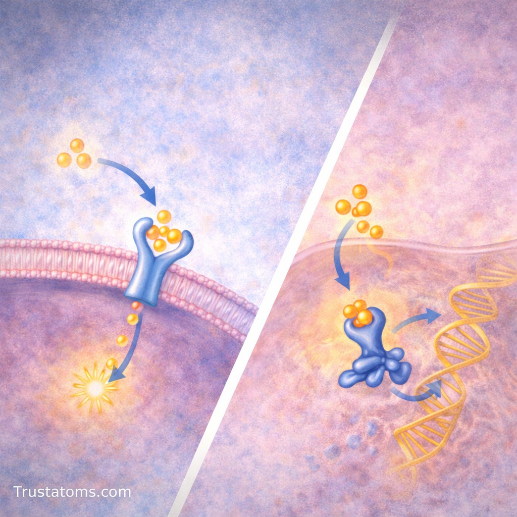 Split diagram showing cell surface receptors and intracellular receptors triggering different cellular responses.