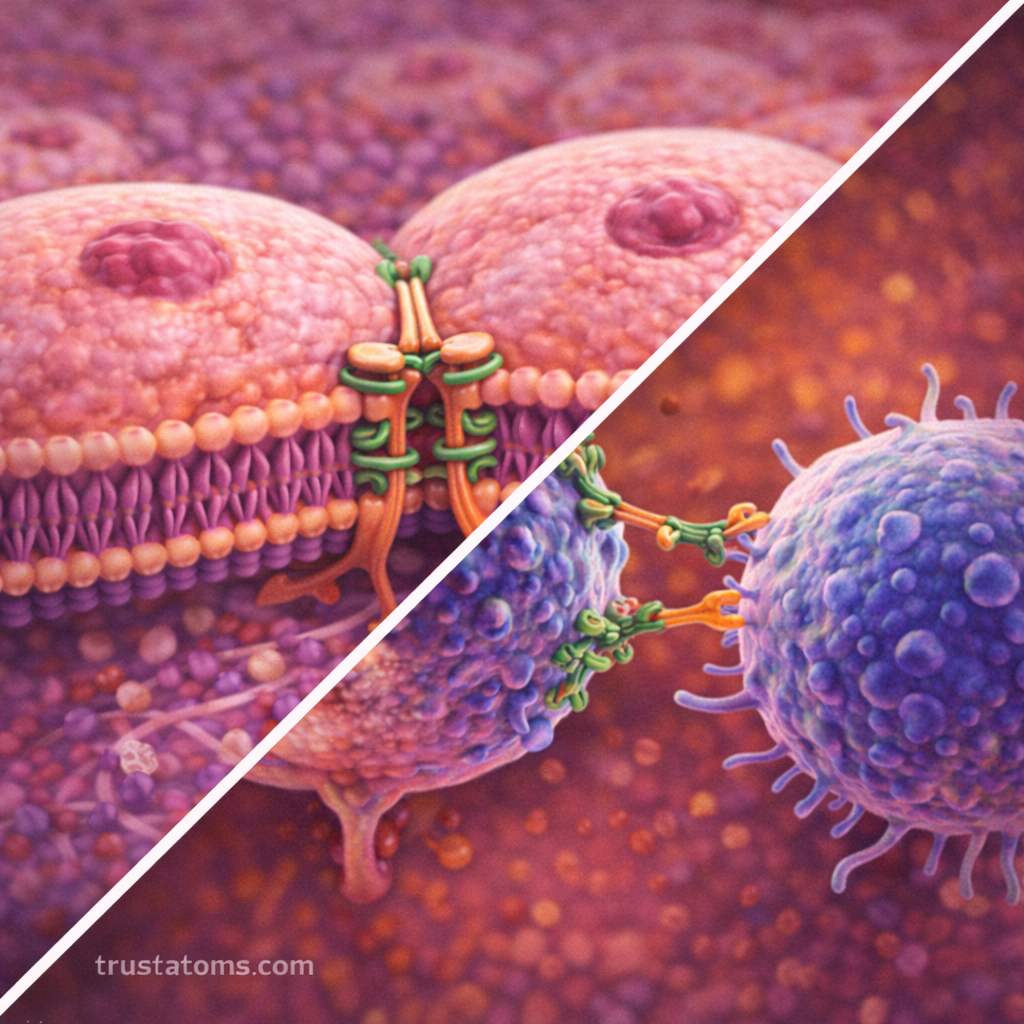 Split diagram showing cellular adhesion with cadherin-based cell junctions and immune cell adhesion during cellular interaction.