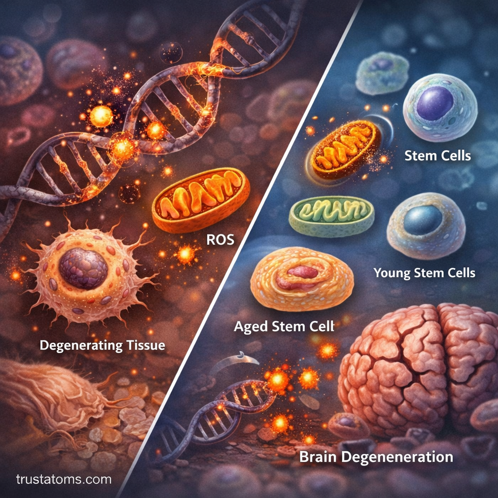 Split illustration showing biological effects of cellular aging including mitochondrial decline, stem cell aging, and tissue degeneration.