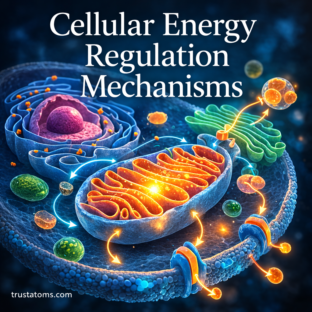 Scientific illustration of a cell showing mitochondria and metabolic pathways representing cellular energy regulation mechanisms.