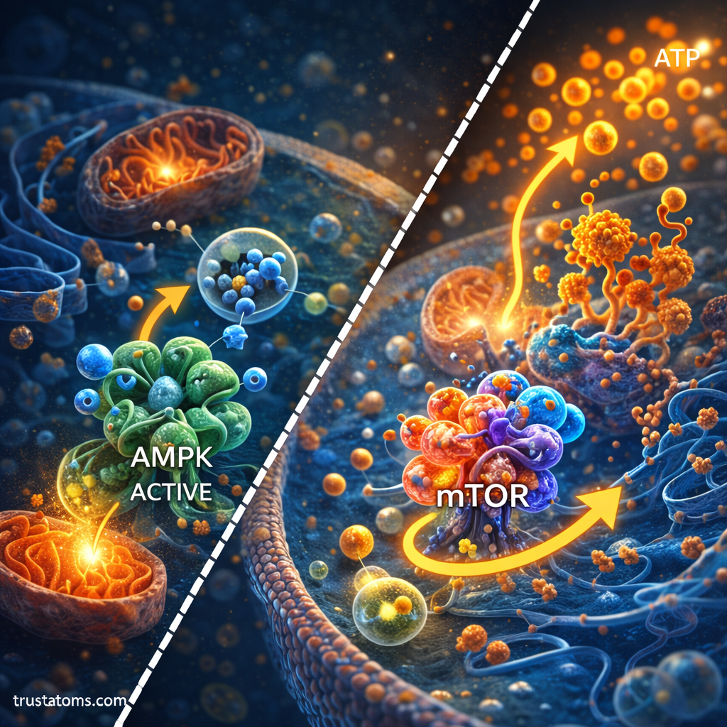 Split illustration showing cellular energy sensing pathways with AMPK activation during low energy and mTOR signaling during high energy conditions.