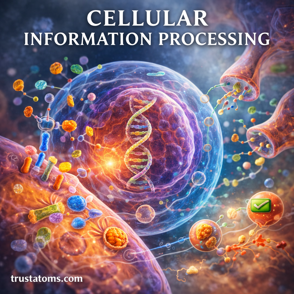 Scientific illustration of a cell receiving molecular signals and processing information through cellular signaling pathways and DNA activity.