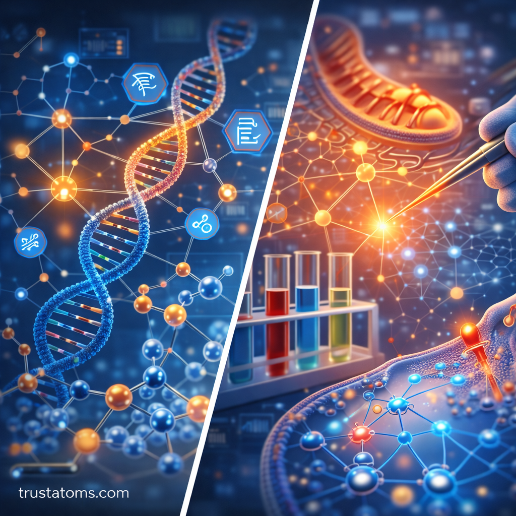 Split illustration showing gene regulatory networks with DNA interactions on one side and cellular metabolic signaling pathways on the other.