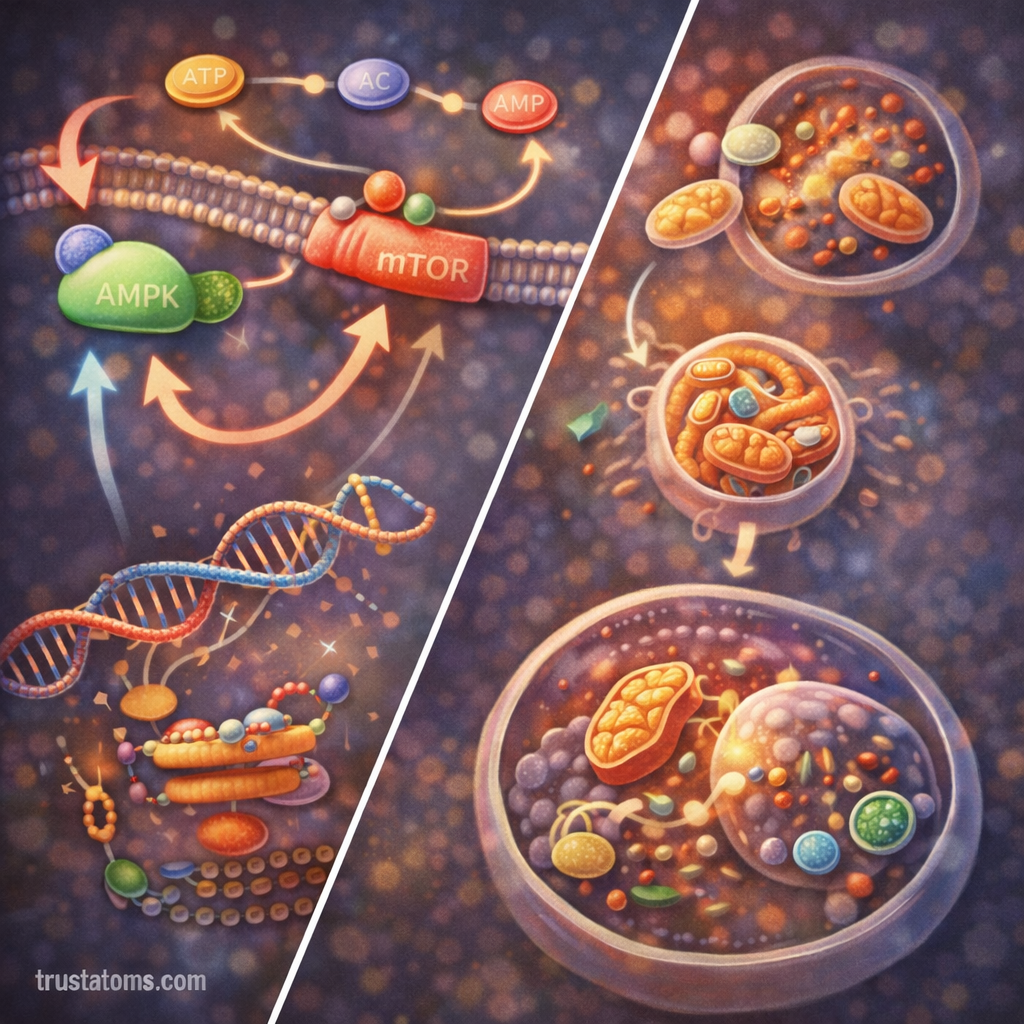 Split illustration showing cellular nutrient sensing pathways on one side and autophagy recycling of damaged organelles on the other to demonstrate cellular resource management.