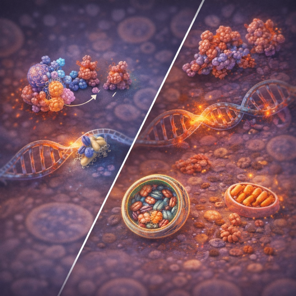 Split illustration showing cellular repair processes compared with damaged cellular components such as misfolded proteins and defective mitochondria.