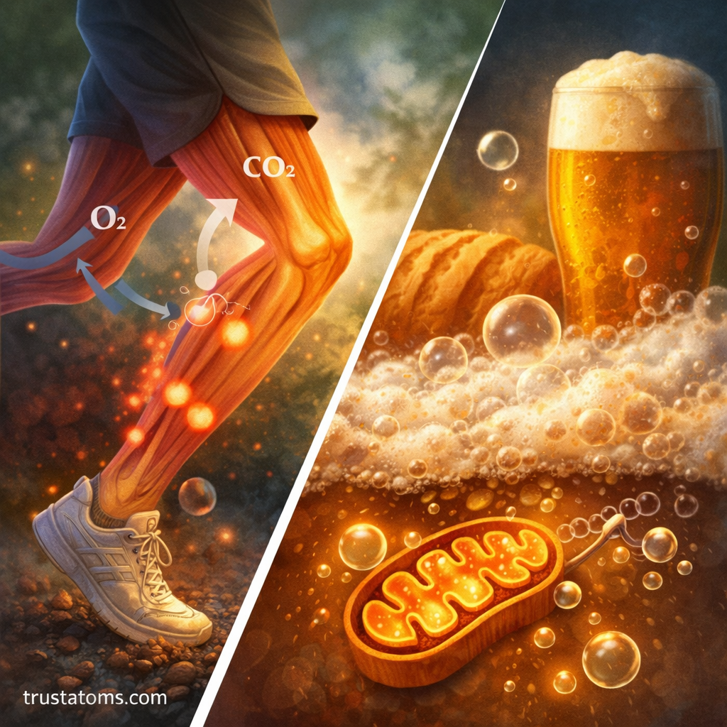 Split illustration showing aerobic cellular respiration in human muscles and anaerobic fermentation in yeast.