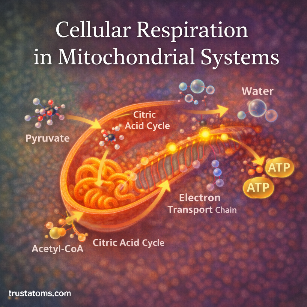 Educational illustration of a mitochondrion showing stages of cellular respiration including pyruvate conversion, the citric acid cycle, and the electron transport chain producing ATP.