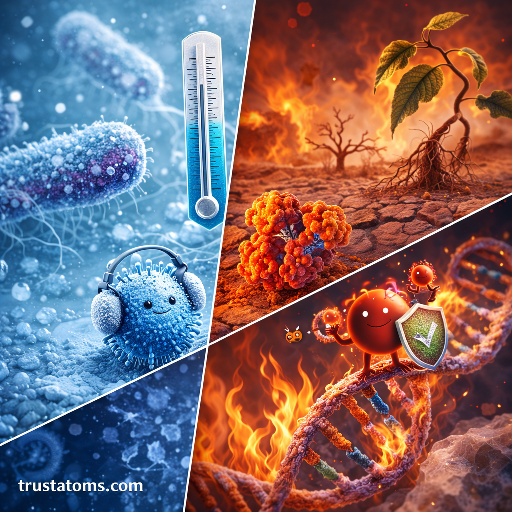 Diagram illustration showing cells and organisms adapting to cold and heat stress, including microbes in freezing conditions and plants surviving drought.