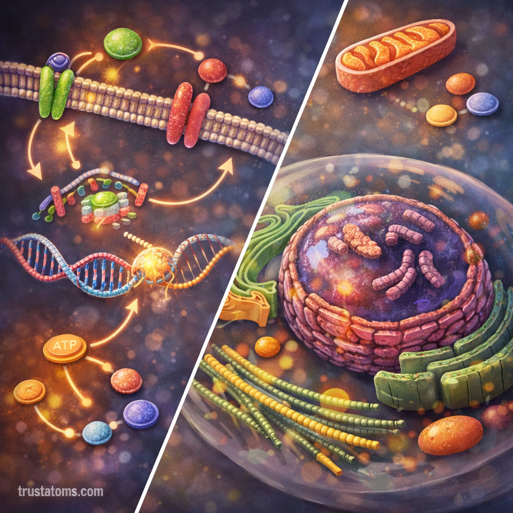 Split diagram illustration showing cellular signaling pathways interacting with DNA regulation on one side and organelles coordinating cellular functions inside a eukaryotic cell on the other.